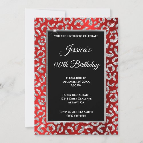 Silver Leopard Glitter Red Foil Birthday Invitation