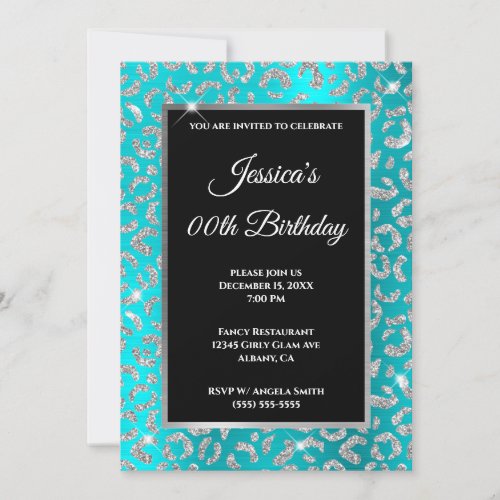 Silver Leopard Glitter Turquoise Blue Birthday Invitation