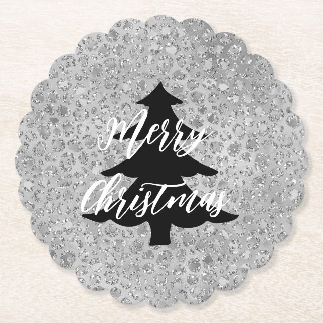 Silver Leopard Gray Christmas Paper Coaster (Front)