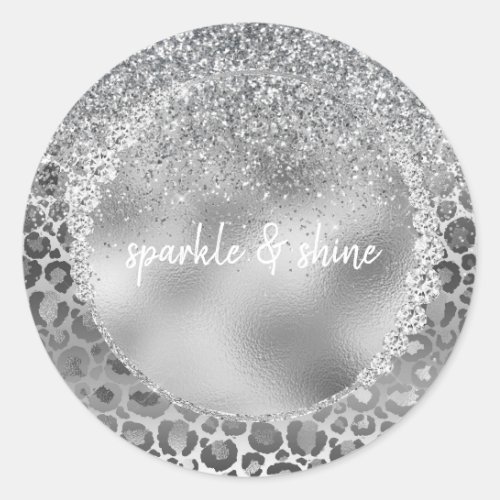 Silver Leopard Print Glitzy Sparkle Diamonds Classic Round Sticker