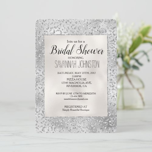 Silver Leopard Print Luxe Glitter Bridal   Invitation