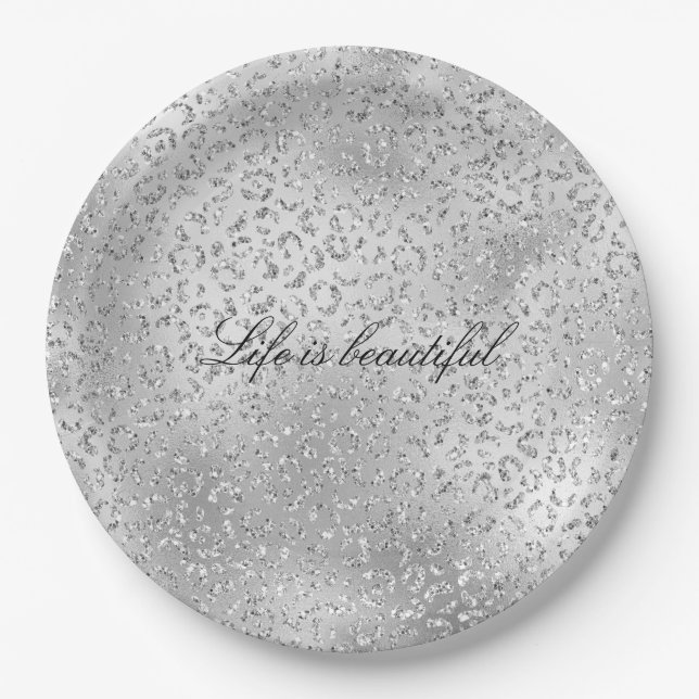 Silver Leopard Print Luxe Glitter     Paper Plates (Front)