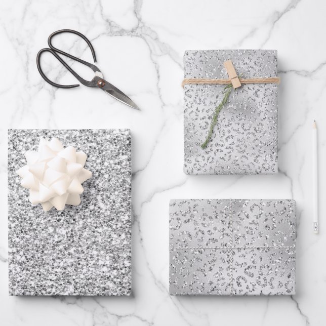 Silver Leopard Print Luxe Glitter       Wrapping Paper Sheets (Front)