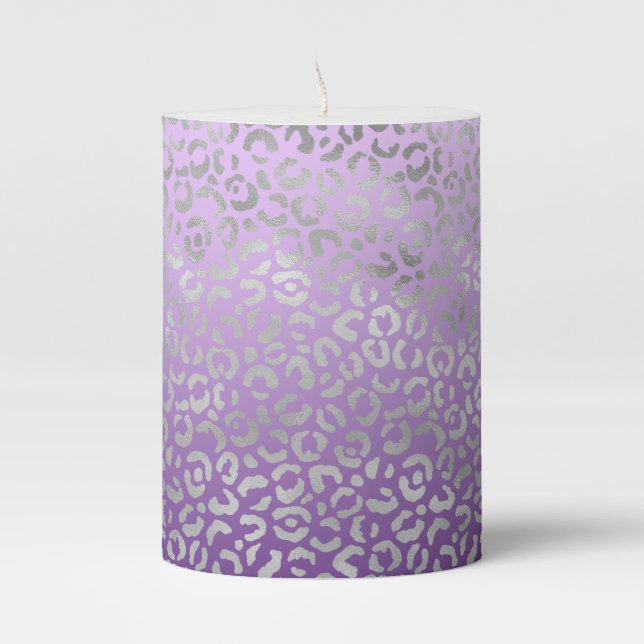 Silver Leopard Print Purple Ombre Pillar Candle (Front)