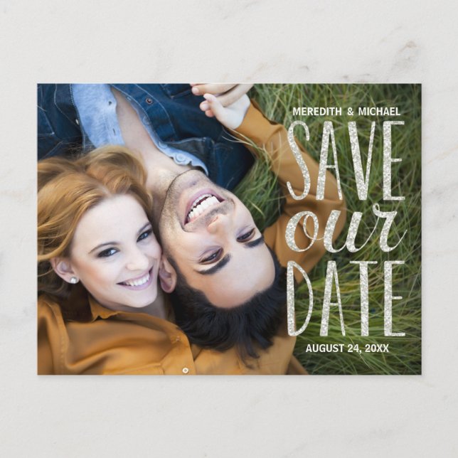 Silver Lettering Overlay Photo Save the Date Announcement Postcard (Front)