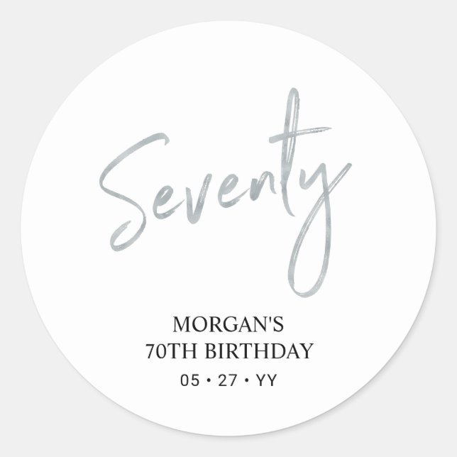 Silver Lettering Seventy 70th Birthday Party Favor Classic Round Sticker (Front)