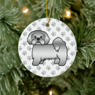 Silver Lhasa Apso Cute Cartoon Dog Illustration Ceramic Ornament