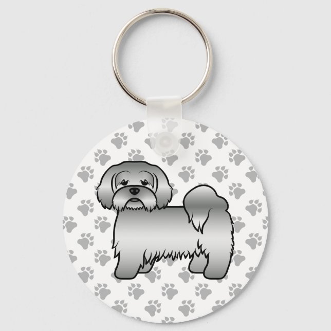 Silver Lhasa Apso Cute Cartoon Dog Illustration Keychain (Front)