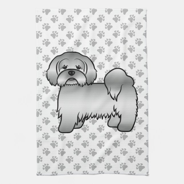 Silver Lhasa Apso Cute Cartoon Dog Illustration Kitchen Towel (Vertical)