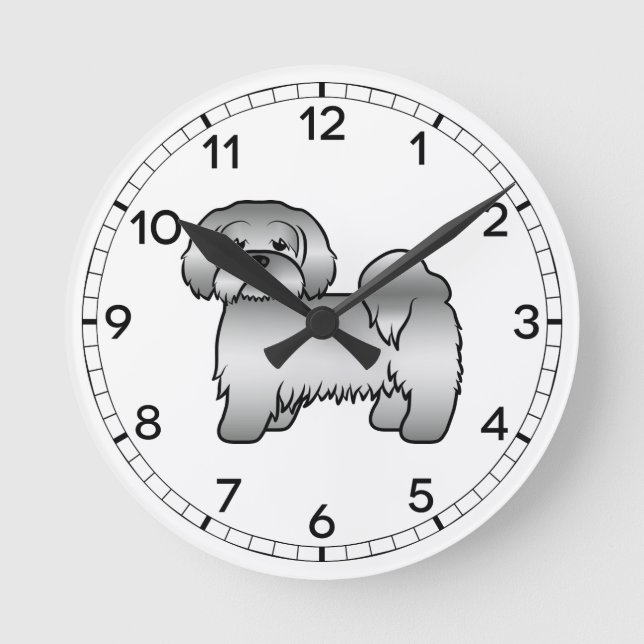 Silver Lhasa Apso Cute Cartoon Dog Illustration Round Clock (Front)