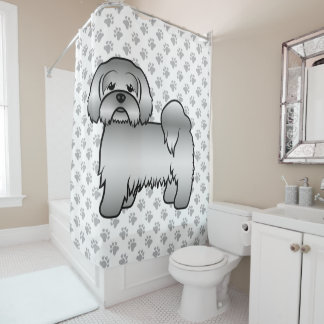 Silver Lhasa Apso Cute Cartoon Dog Illustration Shower Curtain