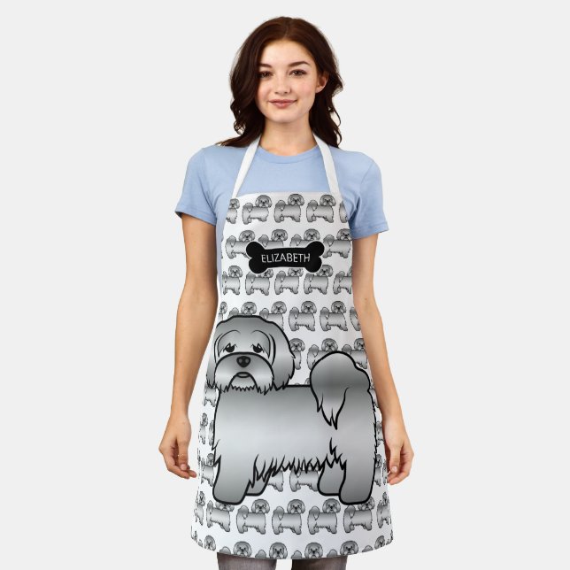 Silver Lhasa Apso Cute Cartoon Dog & Name Apron (Worn)
