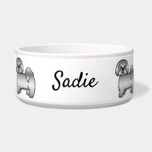 Silver Lhasa Apso Cute Cartoon Dog & Name Bowl