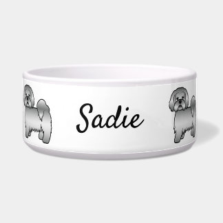 Silver Lhasa Apso Cute Cartoon Dog &amp; Name Bowl