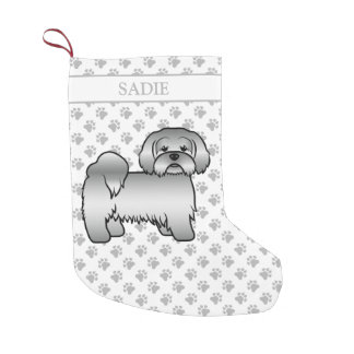 Silver Lhasa Apso Cute Cartoon Dog &amp; Name Small Christmas Stocking