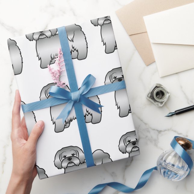 Silver Lhasa Apso Cute Cartoon Dog Pattern Wrapping Paper (Gifting)