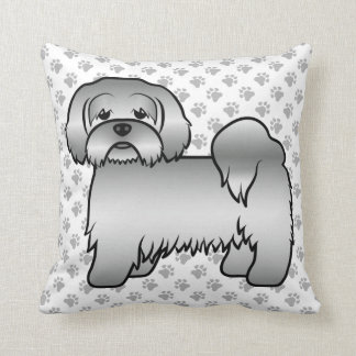 Silver Lhasa Apso Cute Cartoon Dog &amp; Paws Throw Pillow