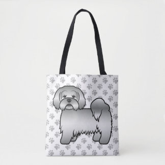 Silver Lhasa Apso Cute Cartoon Dog &amp; Paws Tote Bag