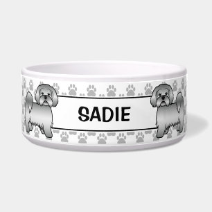 Silver Lhasa Apso Cute Dog With Paws & Name Bowl