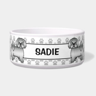Silver Lhasa Apso Cute Dog With Paws &amp; Name Bowl