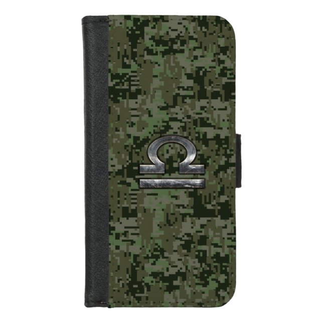 Silver Libra Zodiac Green Digital Camo iPhone Wallet Case (Front)