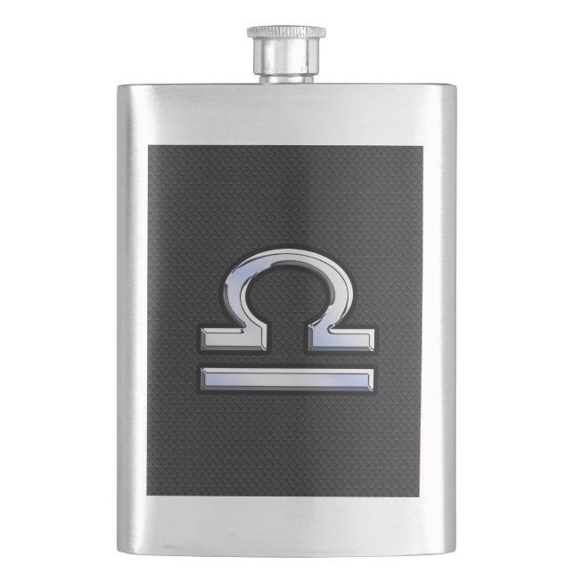 Silver Libra Zodiac Sign on black snake skin style Flask (Front)