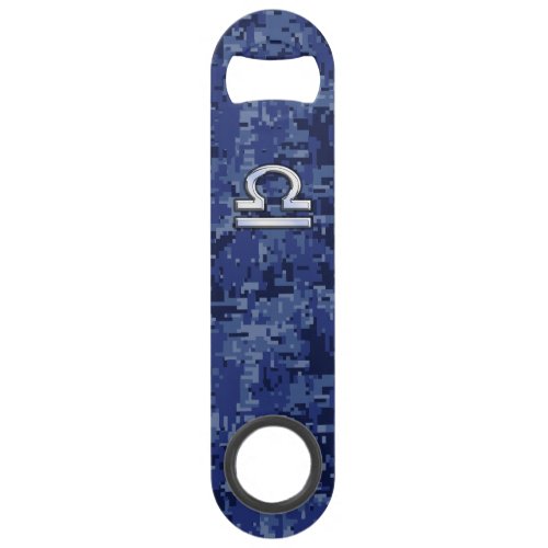 Silver Libra Zodiac Sign on blue digital camo Bar Key