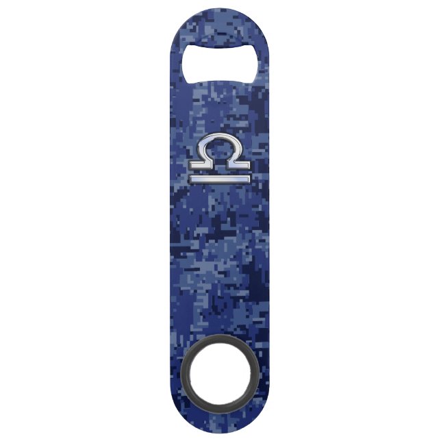 Silver Libra Zodiac Sign on blue digital camo Bar Key (Front)