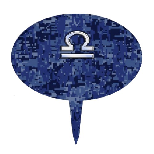 Silver Libra Zodiac Sign on blue digital camo Cake Topper