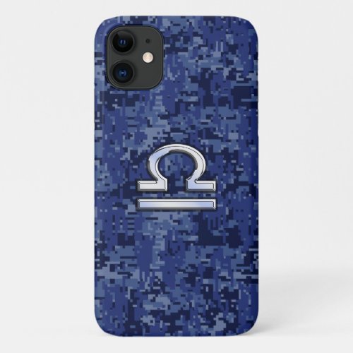 Silver Libra Zodiac Sign on blue digital camo iPhone 11 Case