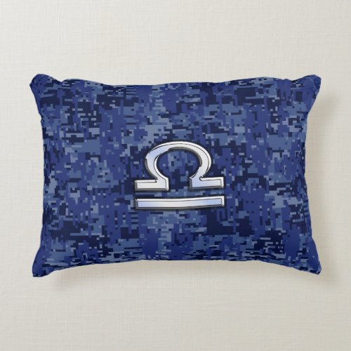 Silver Libra Zodiac Sign on blue digital camo Decorative Pillow