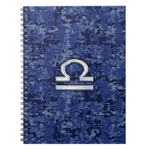 Silver Libra Zodiac Sign on blue digital camo Notebook