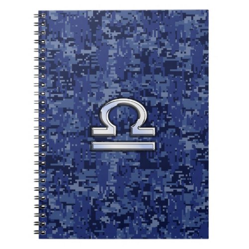 Silver Libra Zodiac Sign on blue digital camo Notebook