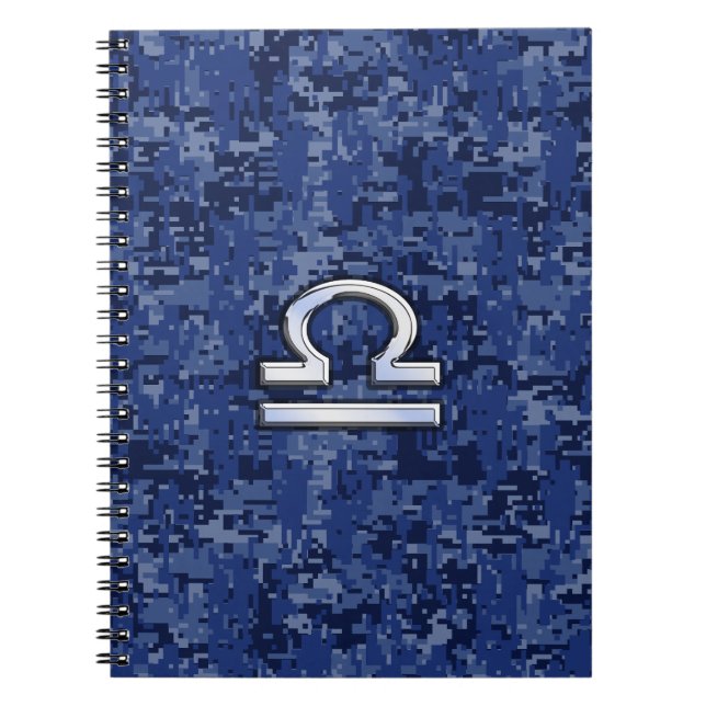 Silver Libra Zodiac Sign on blue digital camo Notebook (Front)