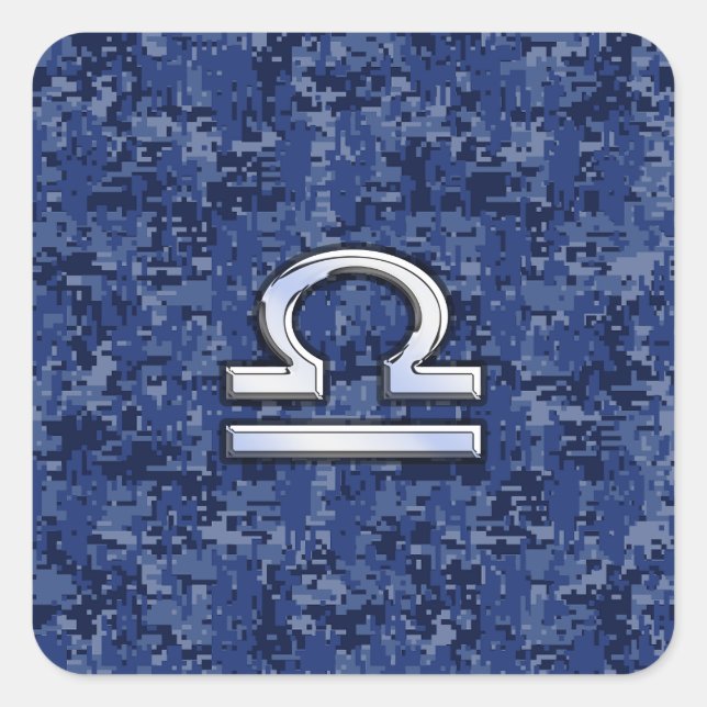 Silver Libra Zodiac Sign on blue digital camo Square Sticker (Front)