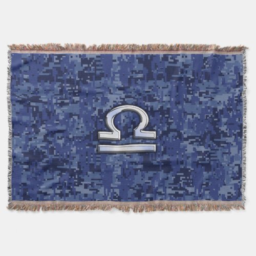 Silver Libra Zodiac Sign on blue digital camo Throw Blanket