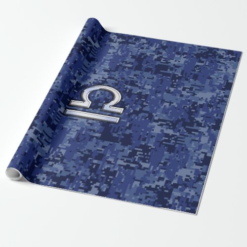 Silver Libra Zodiac Sign on blue digital camo Wrapping Paper