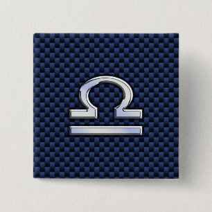 Silver Libra Zodiac Symbol Navy Blue Carbon Fiber Button