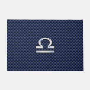 Silver Libra Zodiac Symbol Navy Blue Carbon Fiber Doormat