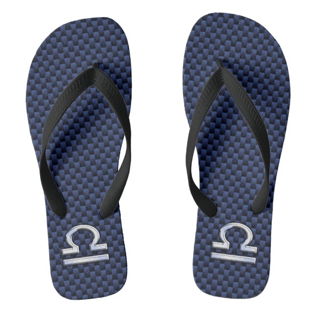 Silver Libra Zodiac Symbol Navy Blue Carbon Fiber Flip Flops (Footbed)