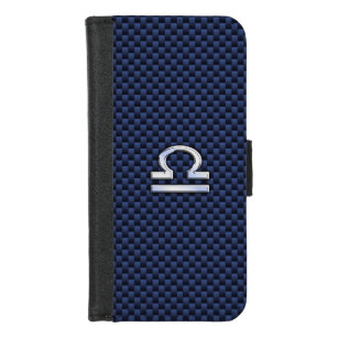 Silver Libra Zodiac Symbol Navy Blue Carbon Fiber iPhone 8/7 Wallet Case