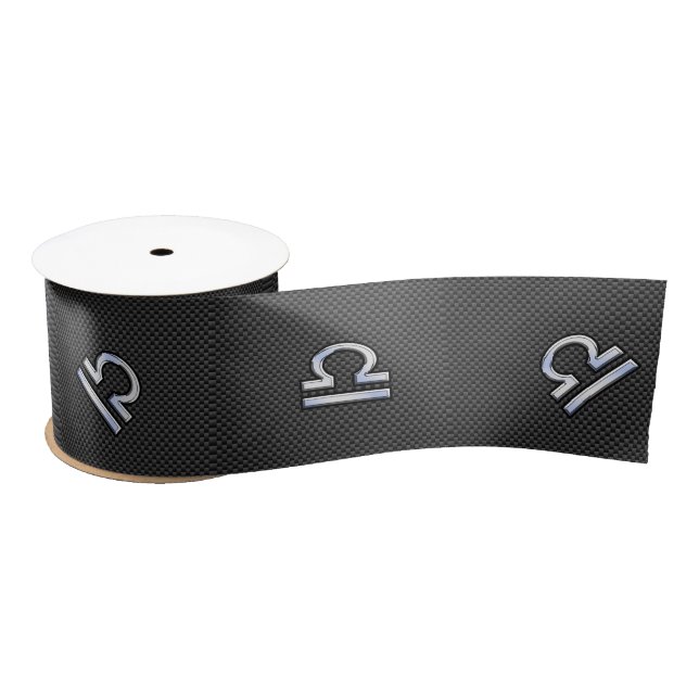 Silver Libra Zodiac Symbol on Carbon Fiber Print Satin Ribbon (Spool)
