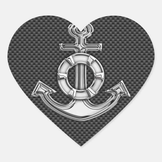 Silver Lifesaver Anchor on Black Carbon Fiber Heart Sticker (Front)