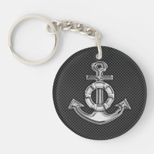 Silver Lifesaver Anchor on Black Carbon Fiber Keychain
