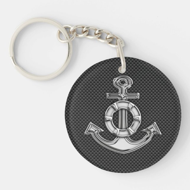 Silver Lifesaver Anchor on Black Carbon Fiber Keychain (Front)