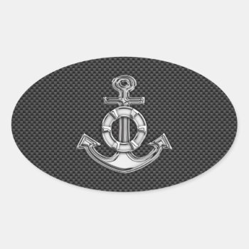 Silver Lifesaver Anchor On Black Carbon Fiber Oval Sticker by CaptainShoppe at Zazzle