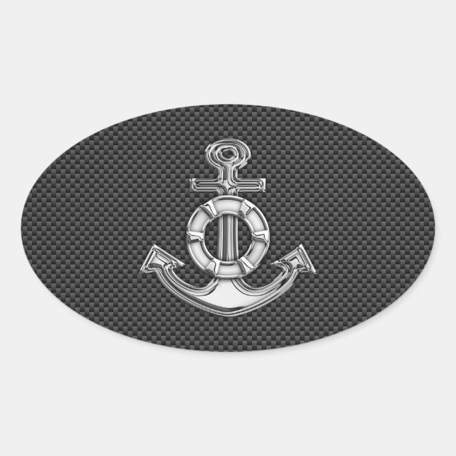 Silver Lifesaver Anchor on Black Carbon Fiber Oval Sticker (Front)
