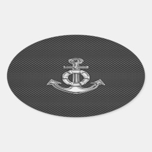 Silver Lifesaver Anchor on Black Carbon Fiber Oval Sticker
