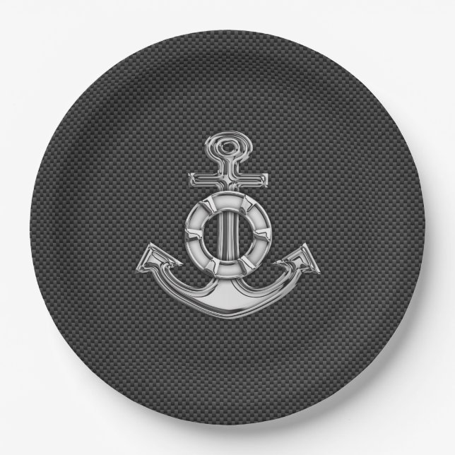 Silver Lifesaver Anchor on Black Carbon Fiber Paper Plates (Front)