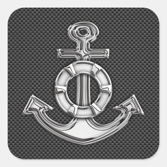 Silver Lifesaver Anchor on Black Carbon Fiber Square Sticker (Front)
